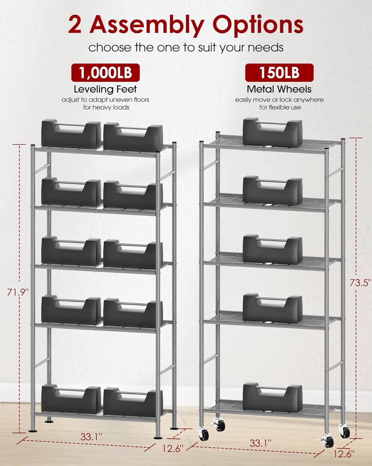 5-Tier Storage Shelves 33.1" x12.6" x73.5" Black with Wheels