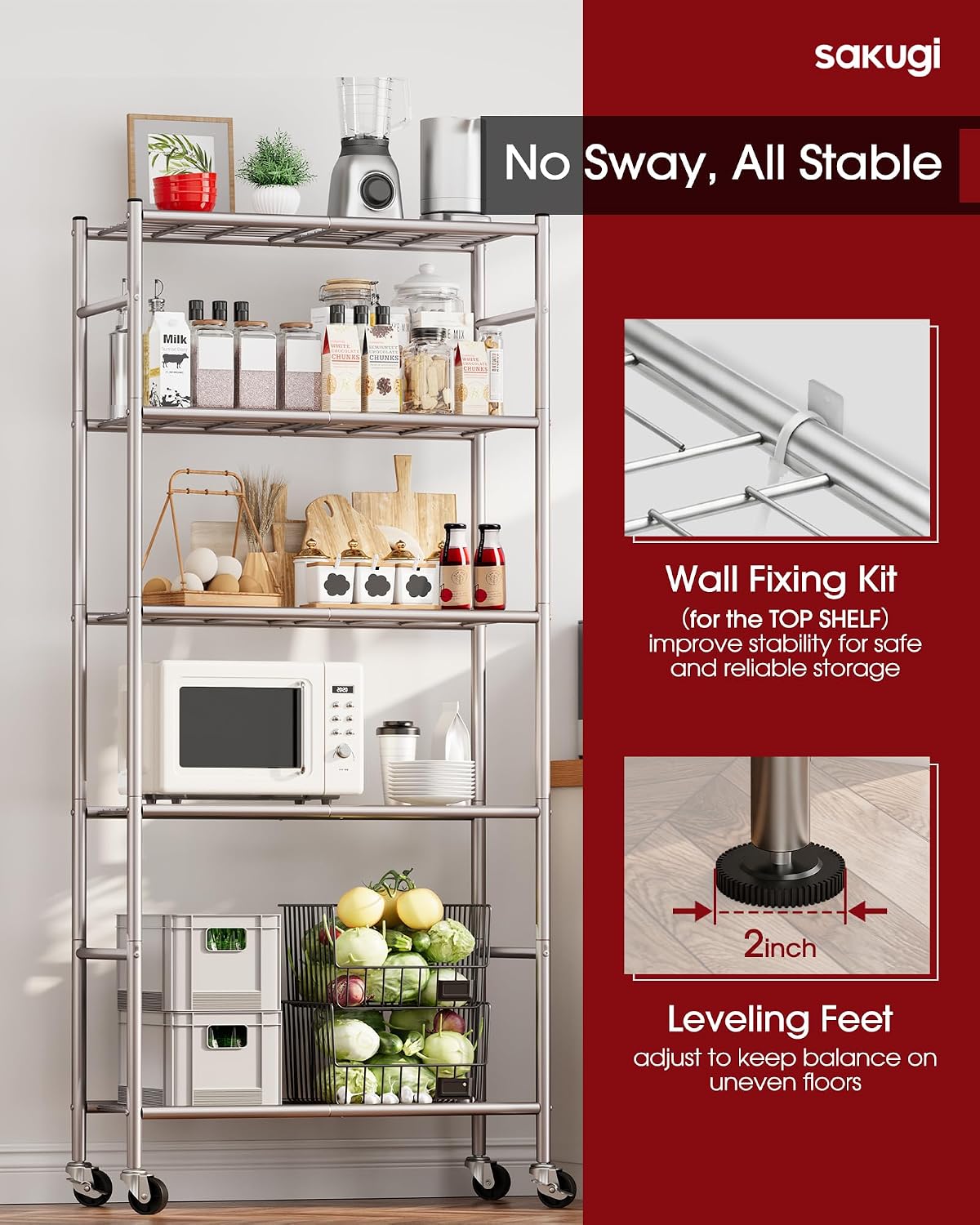 5-Tier Storage Shelves 33.1" x12.6" x73.5" Black with Wheels
