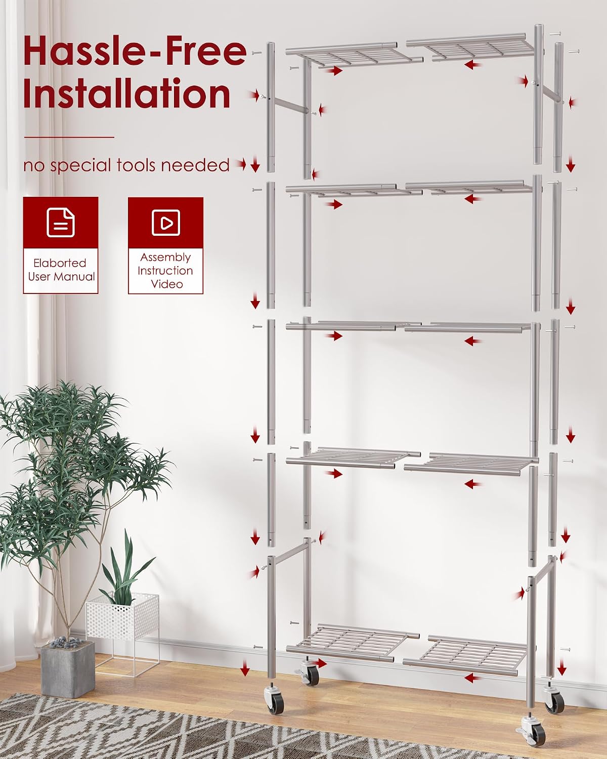 5-Tier Storage Shelves 33.1" x12.6" x73.5" Black with Wheels