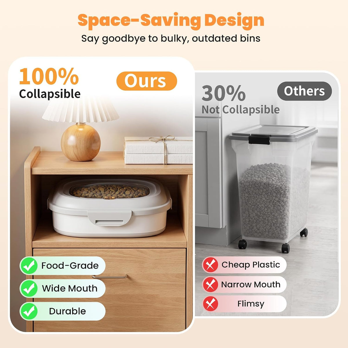 28 Lbs Dog Food Storage Container, Collapsible Cat Food Container | Airtight Pet Food Storage Containers with Wheels, Clear Window, Measuring Cup and Scoop, BPA Free for Rice, Flour, Bird Seed