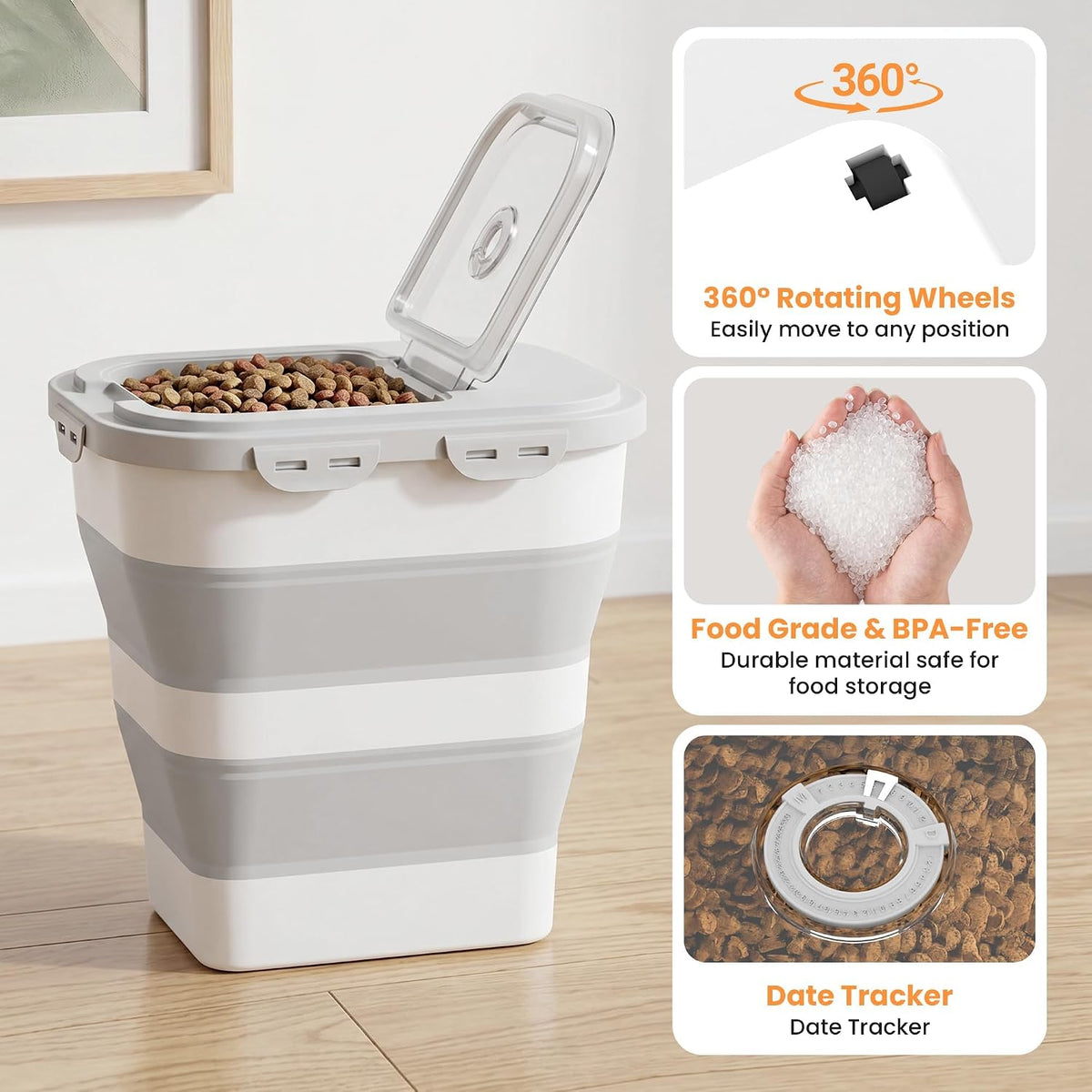 28 Lbs Dog Food Storage Container, Collapsible Cat Food Container | Airtight Pet Food Storage Containers with Wheels, Clear Window, Measuring Cup and Scoop, BPA Free for Rice, Flour, Bird Seed