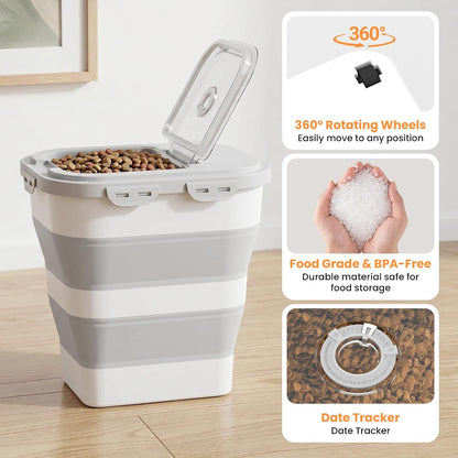 28 Lbs Dog Food Storage Container, Collapsible Cat Food Container | Airtight Pet Food Storage Containers with Wheels, Clear Window, Measuring Cup and Scoop, BPA Free for Rice, Flour, Bird Seed