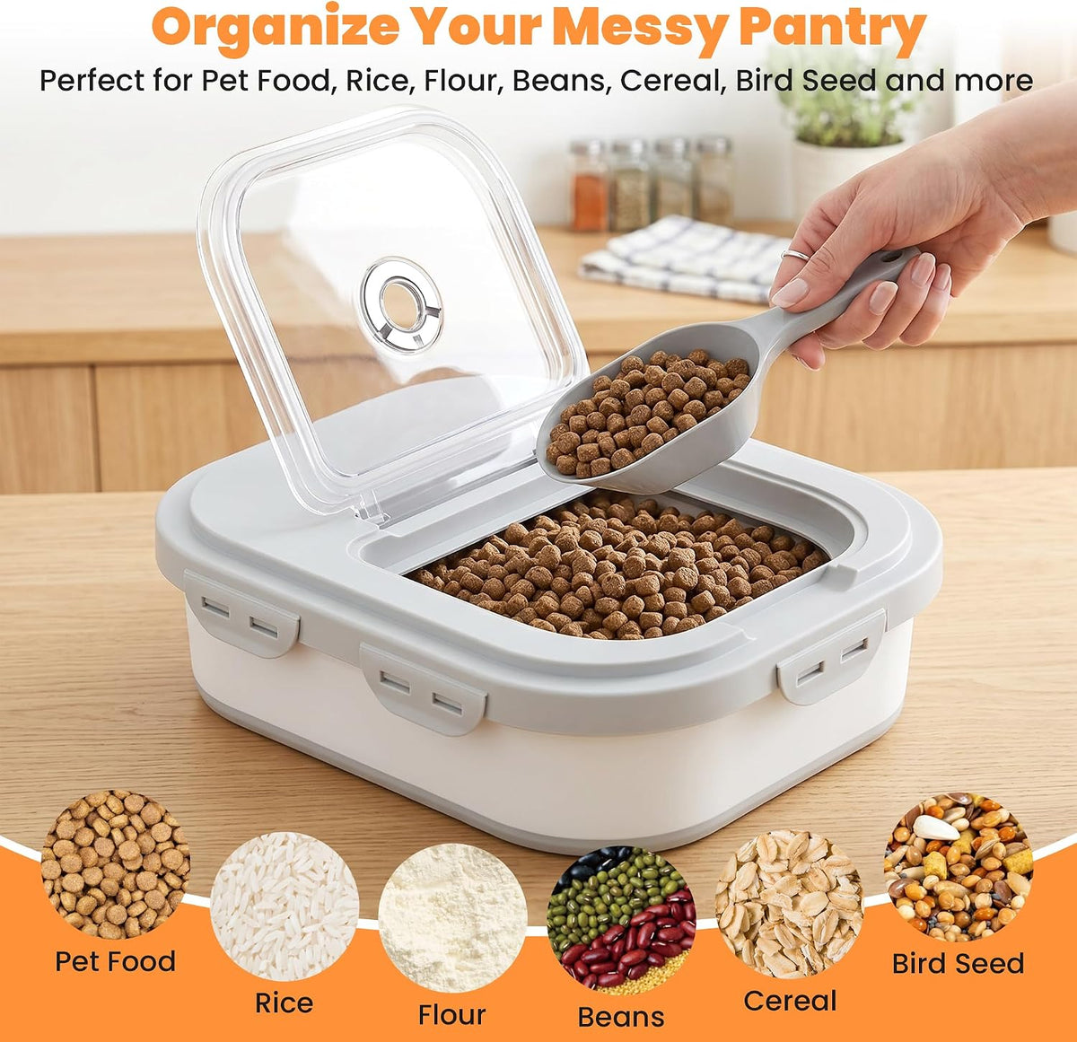 28 Lbs Dog Food Storage Container, Collapsible Cat Food Container | Airtight Pet Food Storage Containers with Wheels, Clear Window, Measuring Cup and Scoop, BPA Free for Rice, Flour, Bird Seed