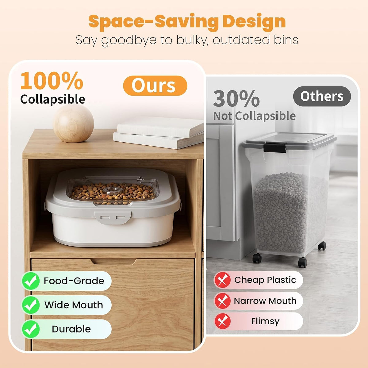28 Lbs Dog Food Storage Container, Collapsible Cat Food Container | Airtight Pet Food Storage Containers with Wheels, Clear Window, Measuring Cup and Scoop, BPA Free for Rice, Flour, Bird Seed