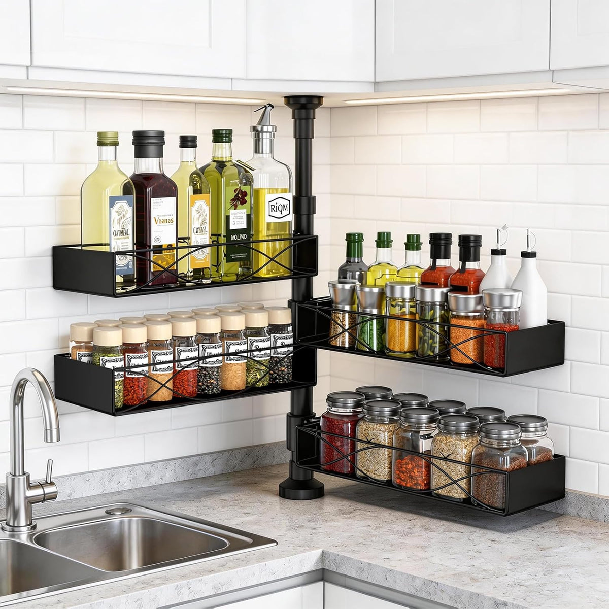 Spice Rack Organizer Tension Pole, 4-Tier Adjustable Spice/Seasoning Organizer for Kitchen Countertop, Space-Saving Spice Storage Corner Shelf for Kitchen, Coffee Area, 16.5-23.6 Inch, No Drill