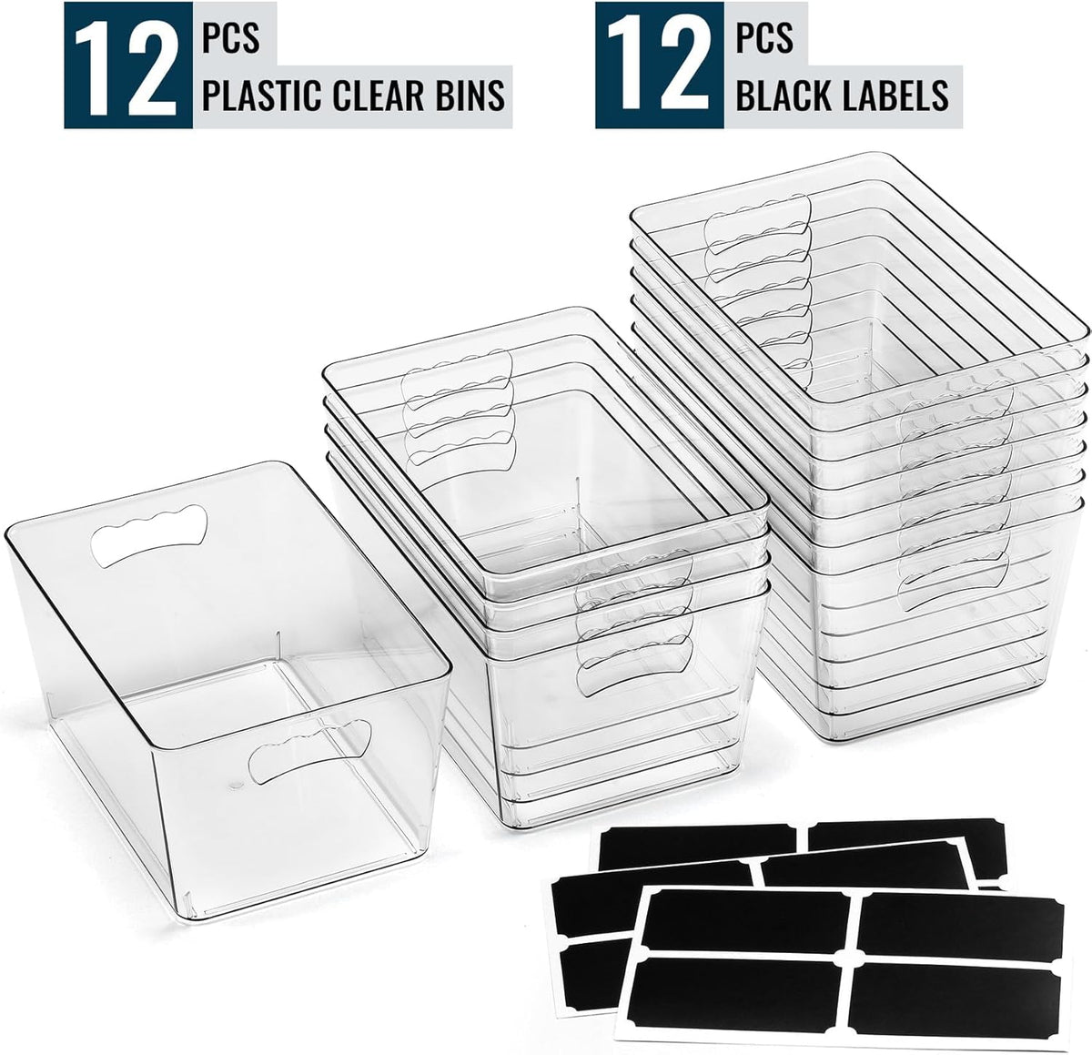 12 PACK LARGE Clear Storage Bins with Handles & Labels, Multiuse Plastic Pantry Organizer Bins for Home Kitchen, Fridge, Freezer, Cabinet, Closet, Bathroom, Shelf, Laundry, RV, Under Sink Organization