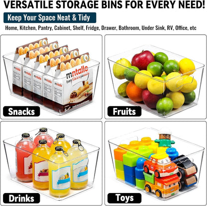 12 PACK LARGE Clear Storage Bins with Handles & Labels, Multiuse Plastic Pantry Organizer Bins for Home Kitchen, Fridge, Freezer, Cabinet, Closet, Bathroom, Shelf, Laundry, RV, Under Sink Organization