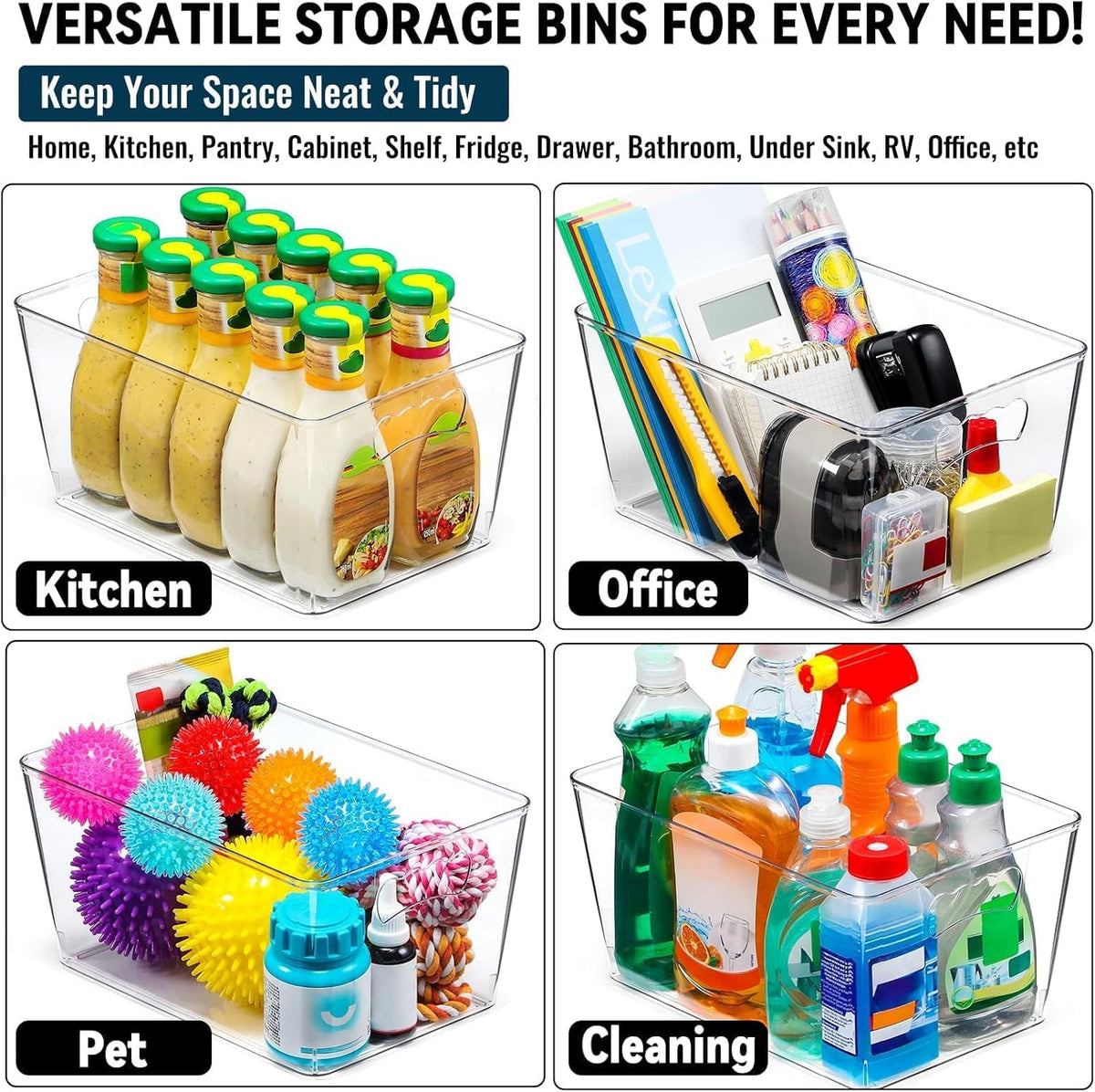 12 PACK LARGE Clear Storage Bins with Handles & Labels, Multiuse Plastic Pantry Organizer Bins for Home Kitchen, Fridge, Freezer, Cabinet, Closet, Bathroom, Shelf, Laundry, RV, Under Sink Organization