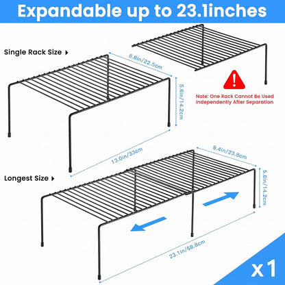 Expandable Kitchen Cabinet Organizer Stainless Steel Shelf Silver | Adjustable from 12.8 to 22.8 Inches Rustproof with Anti-Slip Feet for Pantry Bathroom Closet and Countertop Organization