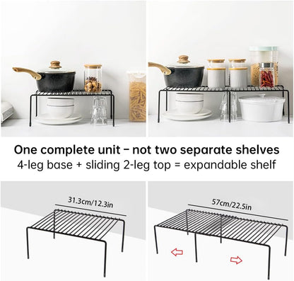 Expandable Kitchen Cabinet Organizer Stainless Steel Shelf Silver | Adjustable from 12.8 to 22.8 Inches Rustproof with Anti-Slip Feet for Pantry Bathroom Closet and Countertop Organization