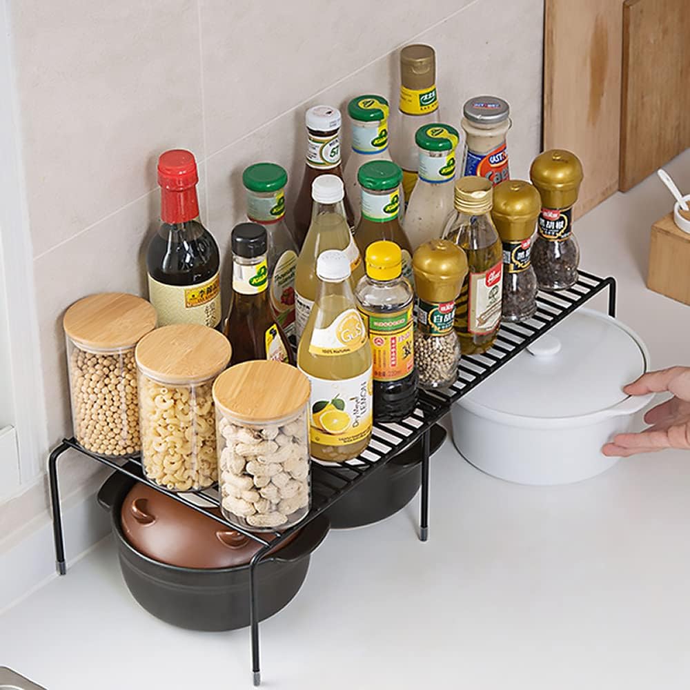Expandable Kitchen Cabinet Organizer Stainless Steel Shelf Silver | Adjustable from 12.8 to 22.8 Inches Rustproof with Anti-Slip Feet for Pantry Bathroom Closet and Countertop Organization