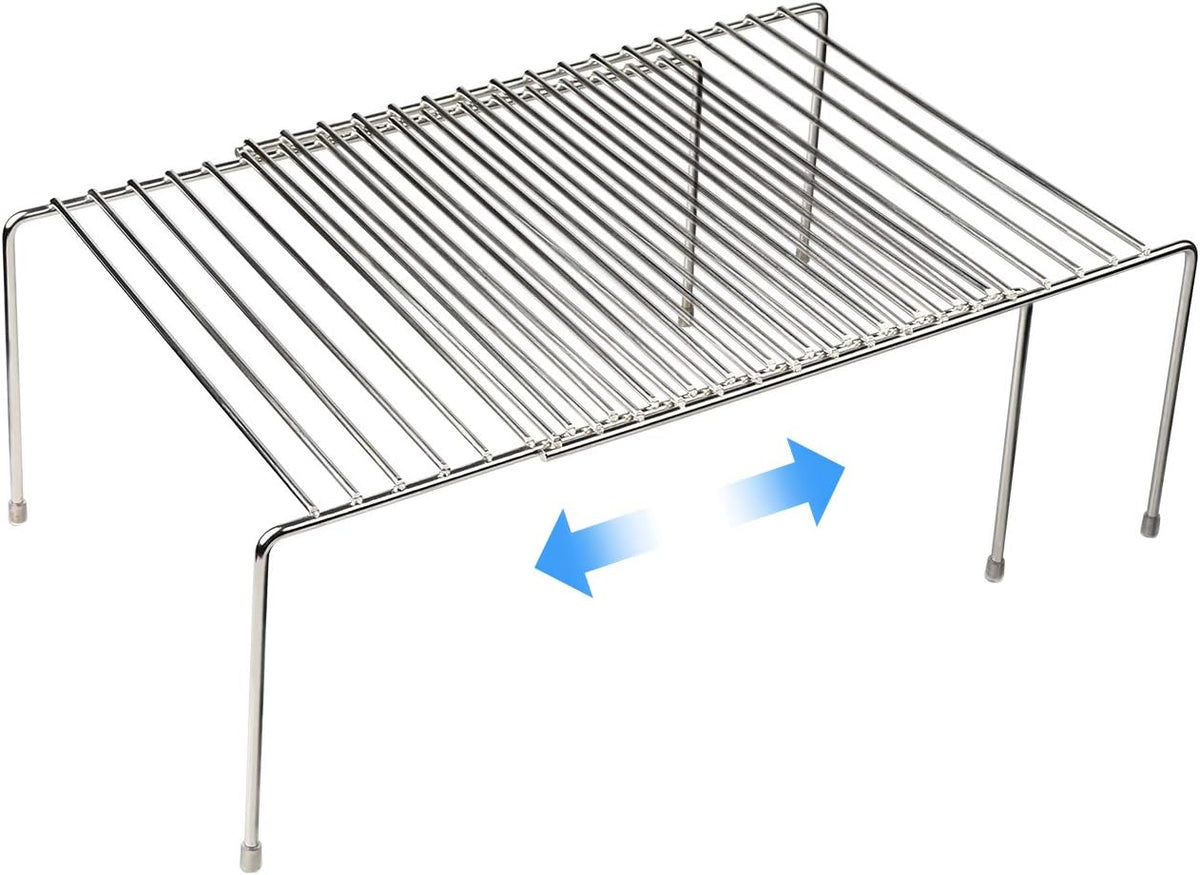 Expandable Kitchen Cabinet Organizer Stainless Steel Shelf Silver | Adjustable from 12.8 to 22.8 Inches Rustproof with Anti-Slip Feet for Pantry Bathroom Closet and Countertop Organization
