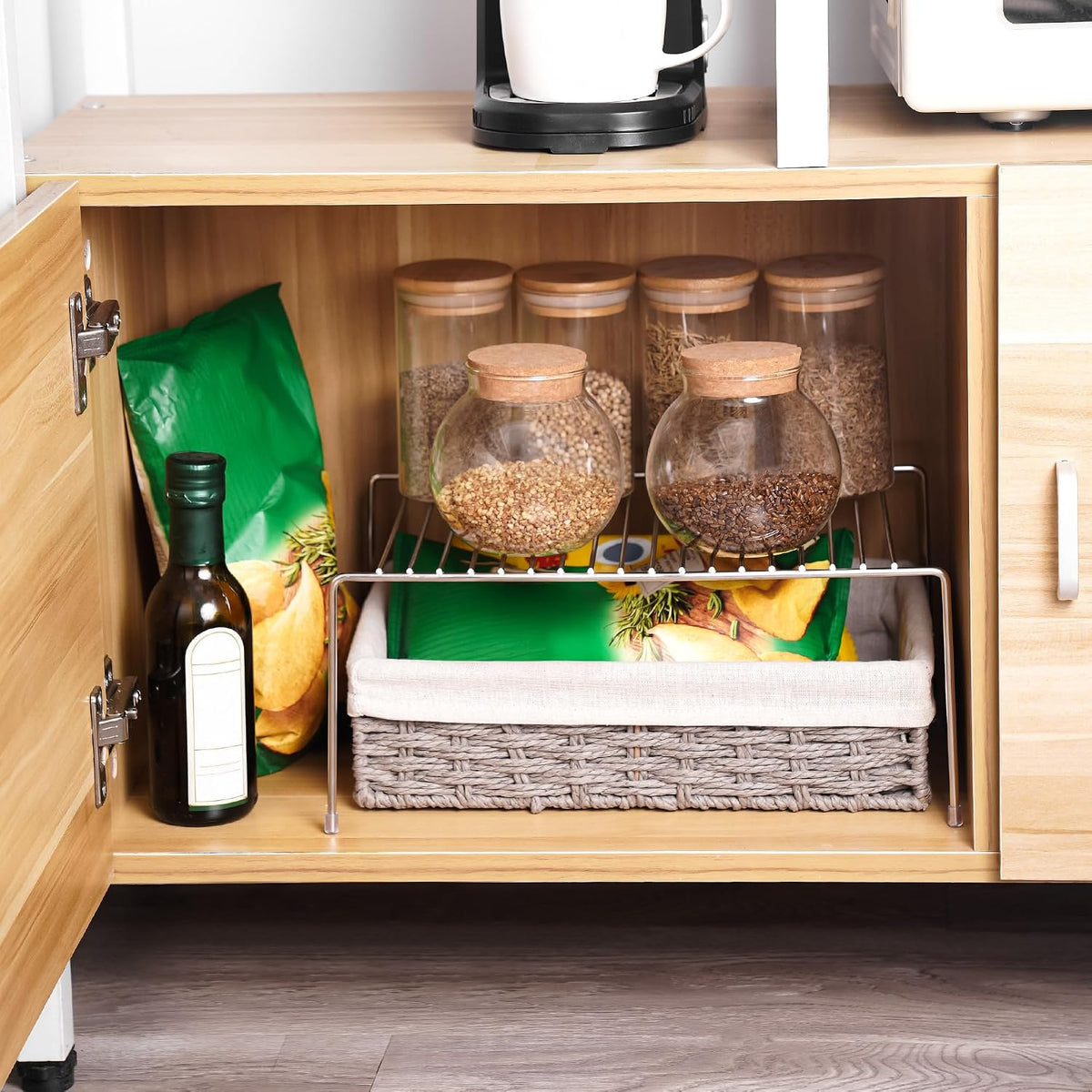 Expandable Kitchen Cabinet Organizer Stainless Steel Shelf Silver | Adjustable from 12.8 to 22.8 Inches Rustproof with Anti-Slip Feet for Pantry Bathroom Closet and Countertop Organization
