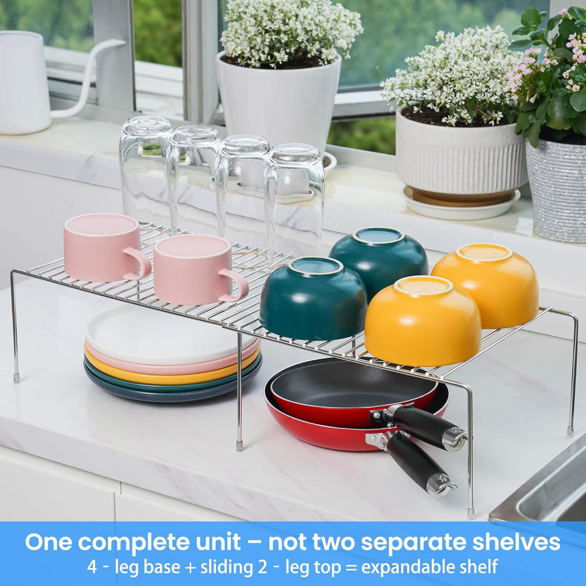 Expandable Kitchen Cabinet Organizer Stainless Steel Shelf Silver | Adjustable from 12.8 to 22.8 Inches Rustproof with Anti-Slip Feet for Pantry Bathroom Closet and Countertop Organization