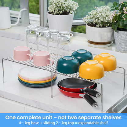 Expandable Kitchen Cabinet Organizer Stainless Steel Shelf Silver | Adjustable from 12.8 to 22.8 Inches Rustproof with Anti-Slip Feet for Pantry Bathroom Closet and Countertop Organization