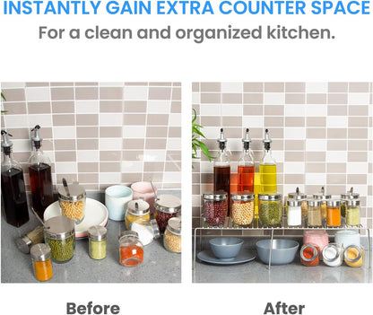Expandable Kitchen Cabinet Organizer Stainless Steel Shelf Silver | Adjustable from 12.8 to 22.8 Inches Rustproof with Anti-Slip Feet for Pantry Bathroom Closet and Countertop Organization
