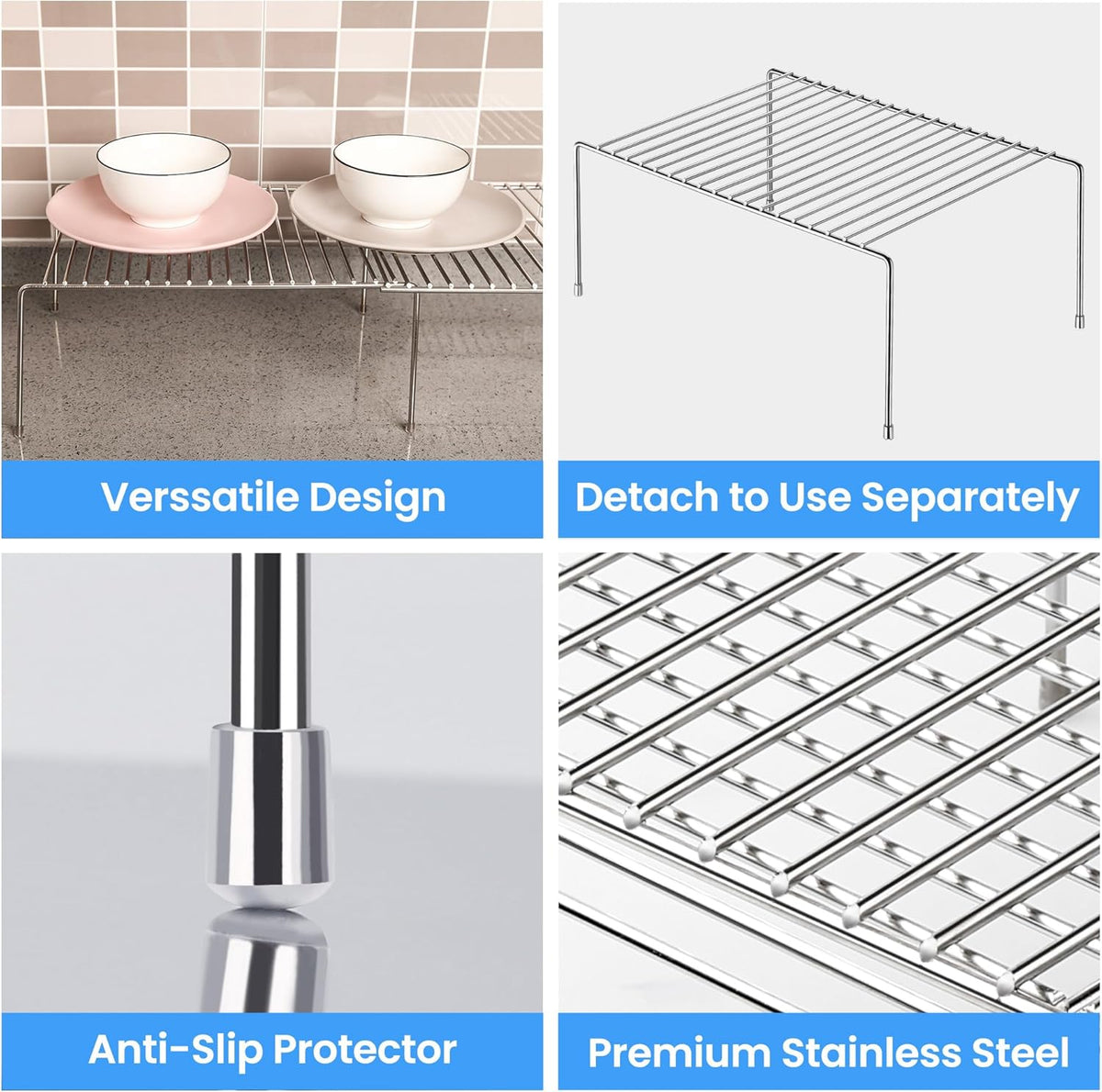 Expandable Kitchen Cabinet Organizer Stainless Steel Shelf Silver | Adjustable from 12.8 to 22.8 Inches Rustproof with Anti-Slip Feet for Pantry Bathroom Closet and Countertop Organization