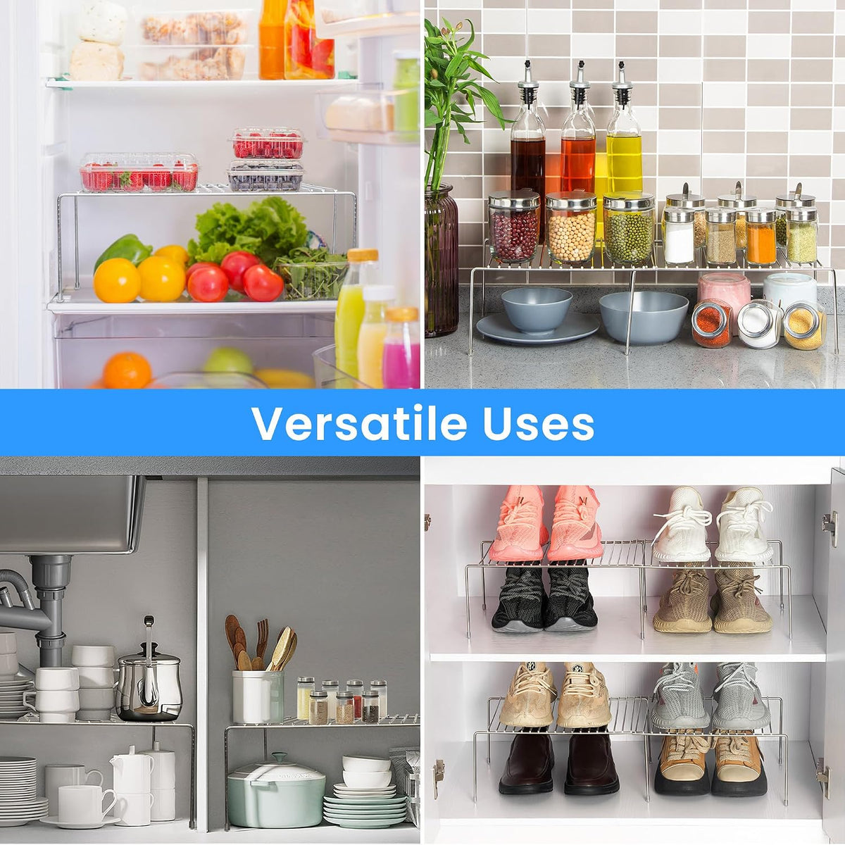 Expandable Kitchen Cabinet Organizer Stainless Steel Shelf Silver | Adjustable from 12.8 to 22.8 Inches Rustproof with Anti-Slip Feet for Pantry Bathroom Closet and Countertop Organization
