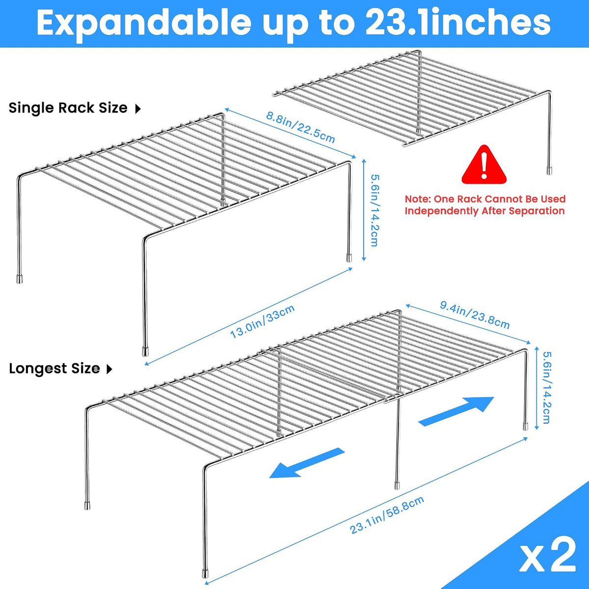 Expandable Kitchen Cabinet Organizer Stainless Steel Shelf Silver | Adjustable from 12.8 to 22.8 Inches Rustproof with Anti-Slip Feet for Pantry Bathroom Closet and Countertop Organization