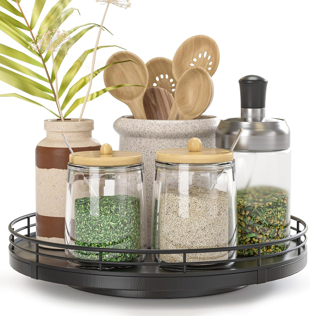 10-Inch Oak Lazy Susan Countertop Organizer with Black Metal Rail | Rotating oak tray organizes spices, toiletries and decor on kitchen counters, bathroom vanities, dining and coffee tables.