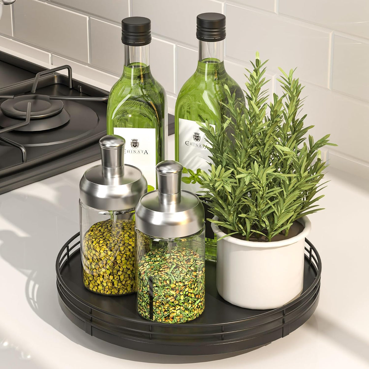 10-Inch Oak Lazy Susan Countertop Organizer with Black Metal Rail | Rotating oak tray organizes spices, toiletries and decor on kitchen counters, bathroom vanities, dining and coffee tables.