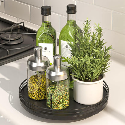 10-Inch Oak Lazy Susan Countertop Organizer with Black Metal Rail | Rotating oak tray organizes spices, toiletries and decor on kitchen counters, bathroom vanities, dining and coffee tables.