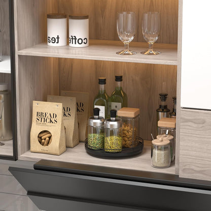 10-Inch Oak Lazy Susan Countertop Organizer with Black Metal Rail | Rotating oak tray organizes spices, toiletries and decor on kitchen counters, bathroom vanities, dining and coffee tables.