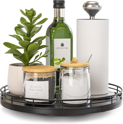 10-Inch Oak Lazy Susan Countertop Organizer with Black Metal Rail | Rotating oak tray organizes spices, toiletries and decor on kitchen counters, bathroom vanities, dining and coffee tables.