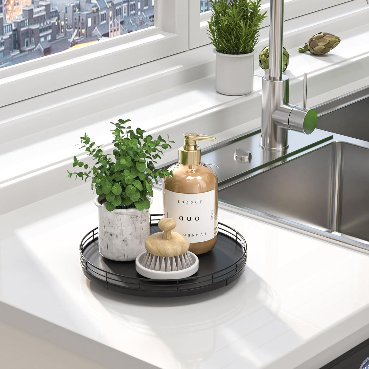 10-Inch Oak Lazy Susan Countertop Organizer with Black Metal Rail | Rotating oak tray organizes spices, toiletries and decor on kitchen counters, bathroom vanities, dining and coffee tables.