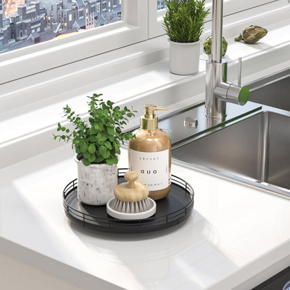 10-Inch Oak Lazy Susan Countertop Organizer with Black Metal Rail | Rotating oak tray organizes spices, toiletries and decor on kitchen counters, bathroom vanities, dining and coffee tables.