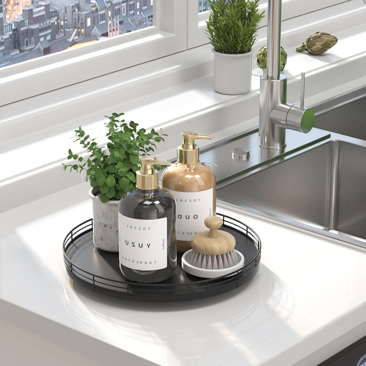 10-Inch Oak Lazy Susan Countertop Organizer with Black Metal Rail | Rotating oak tray organizes spices, toiletries and decor on kitchen counters, bathroom vanities, dining and coffee tables.