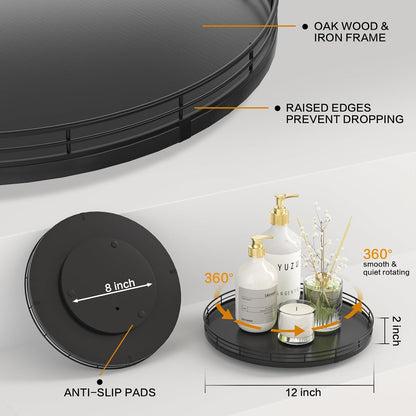 10-Inch Oak Lazy Susan Countertop Organizer with Black Metal Rail | Rotating oak tray organizes spices, toiletries and decor on kitchen counters, bathroom vanities, dining and coffee tables.