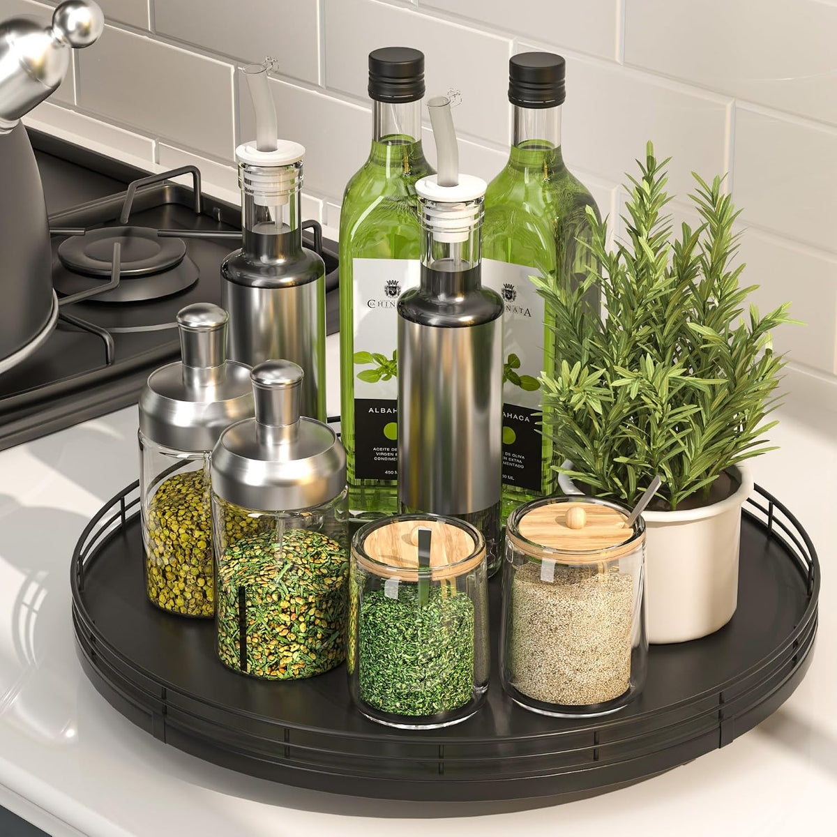 10-Inch Oak Lazy Susan Countertop Organizer with Black Metal Rail | Rotating oak tray organizes spices, toiletries and decor on kitchen counters, bathroom vanities, dining and coffee tables.