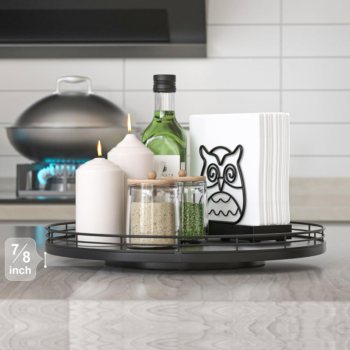 10-Inch Oak Lazy Susan Countertop Organizer with Black Metal Rail | Rotating oak tray organizes spices, toiletries and decor on kitchen counters, bathroom vanities, dining and coffee tables.