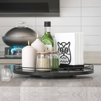 10-Inch Oak Lazy Susan Countertop Organizer with Black Metal Rail | Rotating oak tray organizes spices, toiletries and decor on kitchen counters, bathroom vanities, dining and coffee tables.