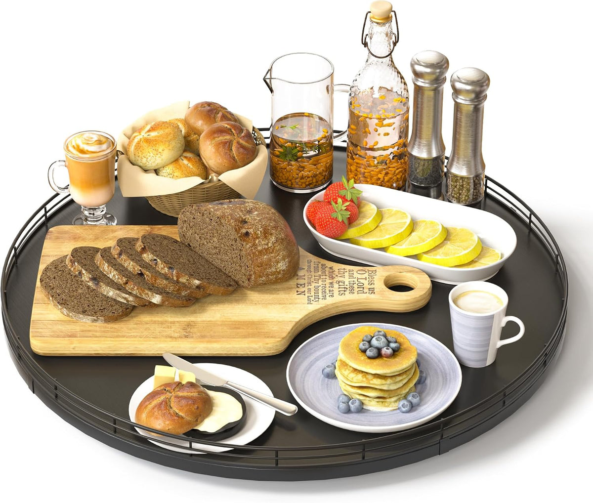 10-Inch Oak Lazy Susan Countertop Organizer with Black Metal Rail | Rotating oak tray organizes spices, toiletries and decor on kitchen counters, bathroom vanities, dining and coffee tables.
