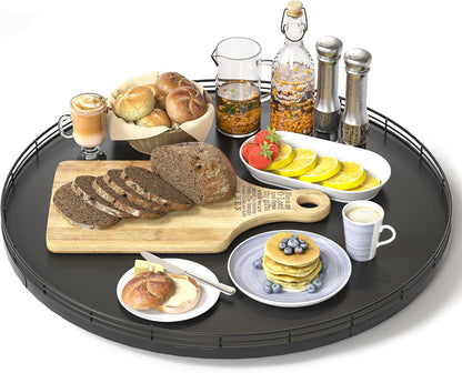 10-Inch Oak Lazy Susan Countertop Organizer with Black Metal Rail | Rotating oak tray organizes spices, toiletries and decor on kitchen counters, bathroom vanities, dining and coffee tables.
