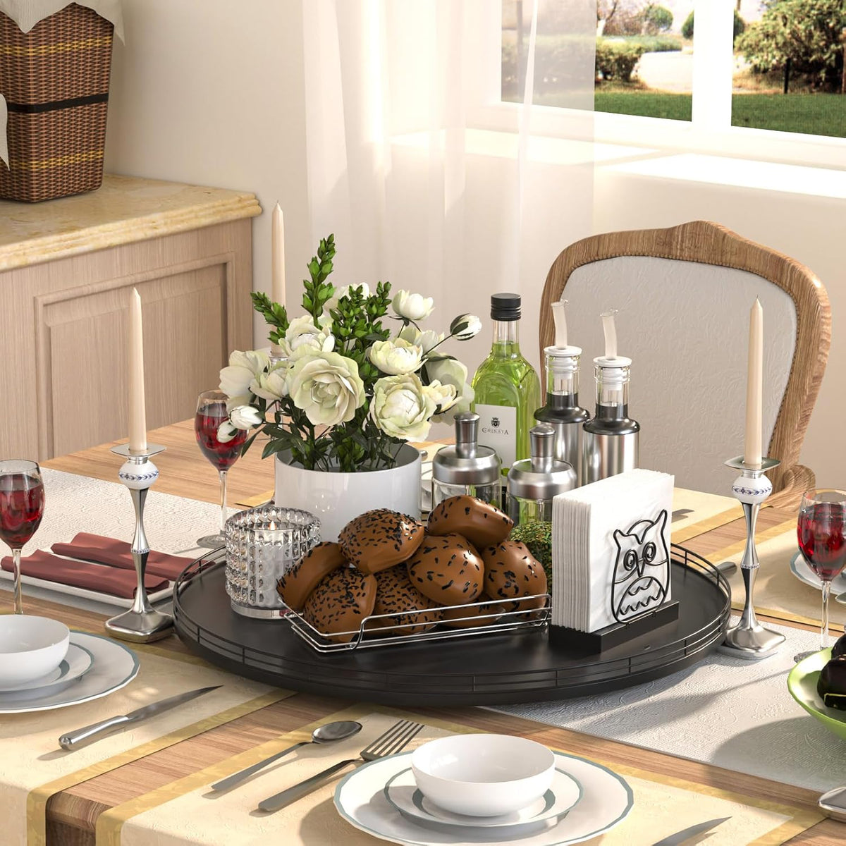 10-Inch Oak Lazy Susan Countertop Organizer with Black Metal Rail | Rotating oak tray organizes spices, toiletries and decor on kitchen counters, bathroom vanities, dining and coffee tables.