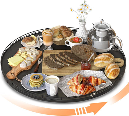 10-Inch Oak Lazy Susan Countertop Organizer with Black Metal Rail | Rotating oak tray organizes spices, toiletries and decor on kitchen counters, bathroom vanities, dining and coffee tables.