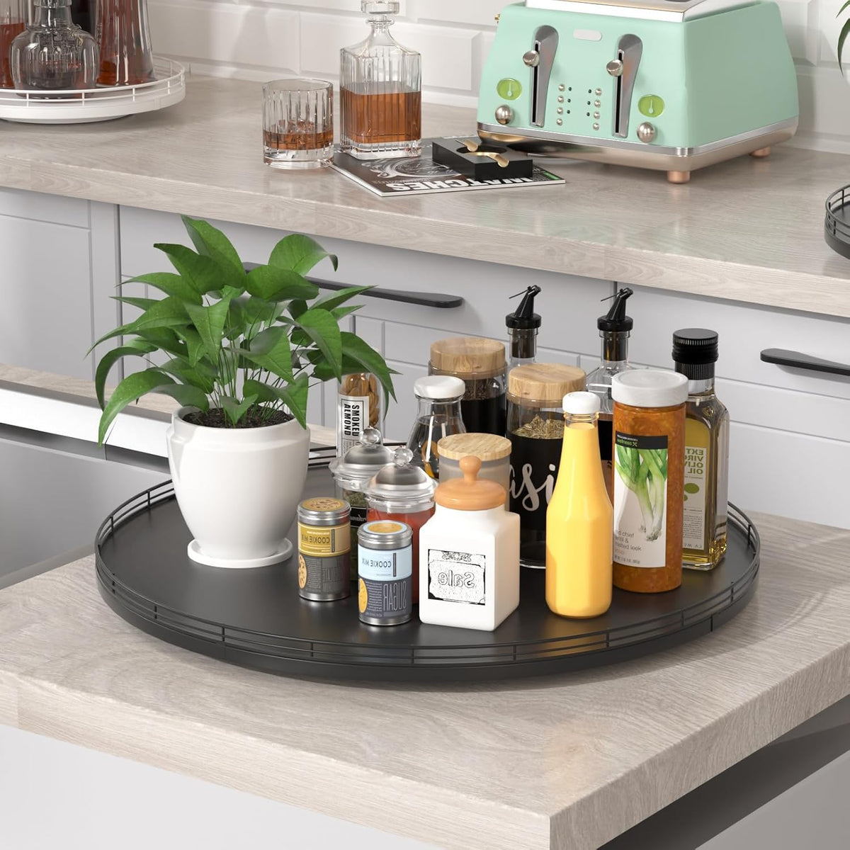 10-Inch Oak Lazy Susan Countertop Organizer with Black Metal Rail | Rotating oak tray organizes spices, toiletries and decor on kitchen counters, bathroom vanities, dining and coffee tables.