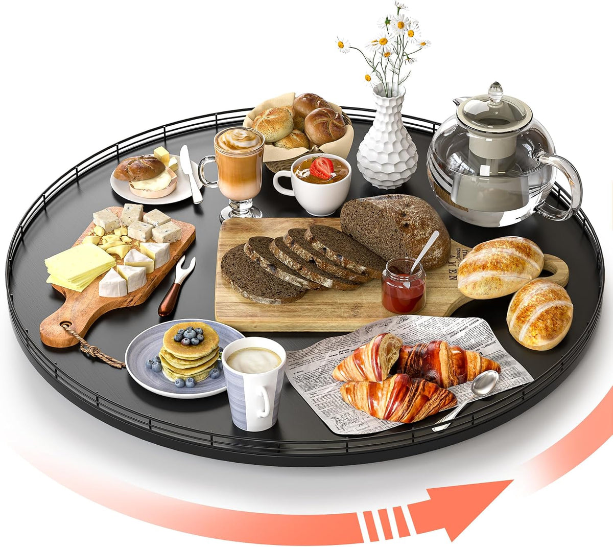 10-Inch Oak Lazy Susan Countertop Organizer with Black Metal Rail | Rotating oak tray organizes spices, toiletries and decor on kitchen counters, bathroom vanities, dining and coffee tables.