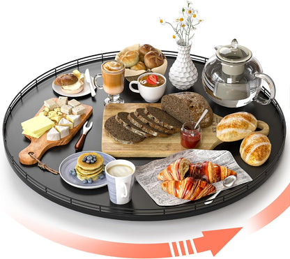 10-Inch Oak Lazy Susan Countertop Organizer with Black Metal Rail | Rotating oak tray organizes spices, toiletries and decor on kitchen counters, bathroom vanities, dining and coffee tables.
