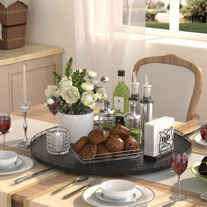 10-Inch Oak Lazy Susan Countertop Organizer with Black Metal Rail | Rotating oak tray organizes spices, toiletries and decor on kitchen counters, bathroom vanities, dining and coffee tables.