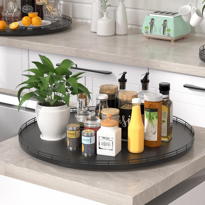 10-Inch Oak Lazy Susan Countertop Organizer with Black Metal Rail | Rotating oak tray organizes spices, toiletries and decor on kitchen counters, bathroom vanities, dining and coffee tables.