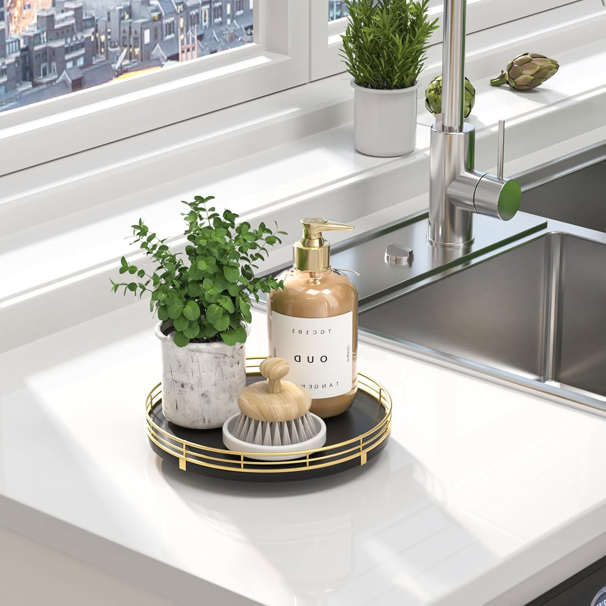 10-Inch Oak Lazy Susan Countertop Organizer with Black Metal Rail | Rotating oak tray organizes spices, toiletries and decor on kitchen counters, bathroom vanities, dining and coffee tables.