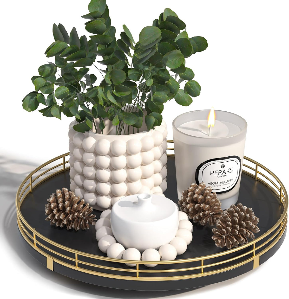 10-Inch Oak Lazy Susan Countertop Organizer with Black Metal Rail | Rotating oak tray organizes spices, toiletries and decor on kitchen counters, bathroom vanities, dining and coffee tables.