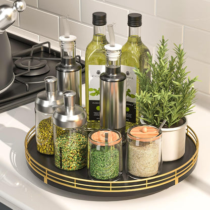 10-Inch Oak Lazy Susan Countertop Organizer with Black Metal Rail | Rotating oak tray organizes spices, toiletries and decor on kitchen counters, bathroom vanities, dining and coffee tables.