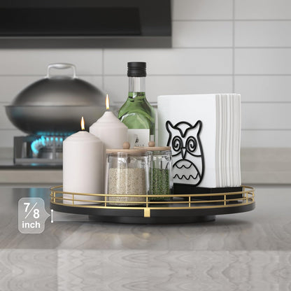 10-Inch Oak Lazy Susan Countertop Organizer with Black Metal Rail | Rotating oak tray organizes spices, toiletries and decor on kitchen counters, bathroom vanities, dining and coffee tables.