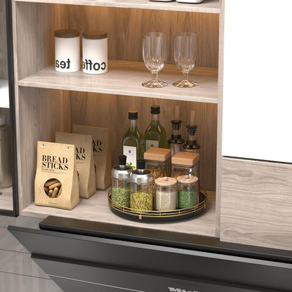 10-Inch Oak Lazy Susan Countertop Organizer with Black Metal Rail | Rotating oak tray organizes spices, toiletries and decor on kitchen counters, bathroom vanities, dining and coffee tables.