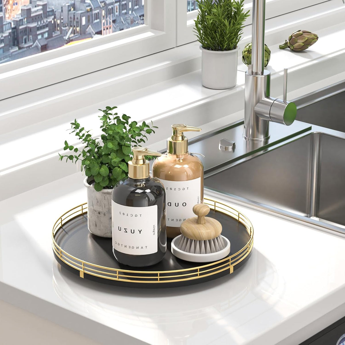 10-Inch Oak Lazy Susan Countertop Organizer with Black Metal Rail | Rotating oak tray organizes spices, toiletries and decor on kitchen counters, bathroom vanities, dining and coffee tables.